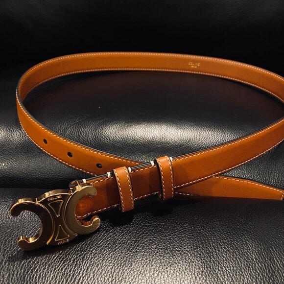 Celine Triomphe Brown Belt with Gold Buckle - Picture 2 of 6